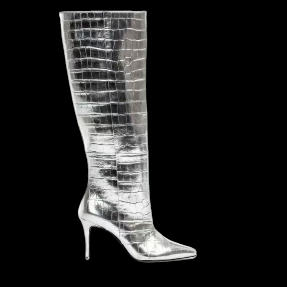 Black Suede Studio Tory Croco Knee Boots- Silver Metallic Leather..Size 39/8.5-9